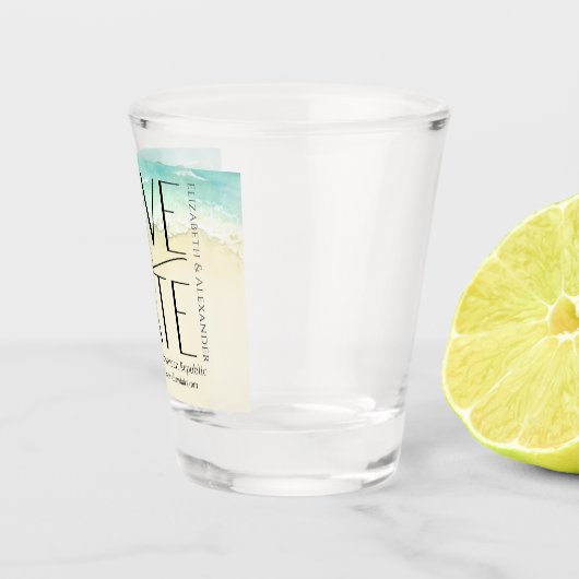 Tropische strand kalligrafie bruiloft Save the Dat Shot Glas (Rechts)