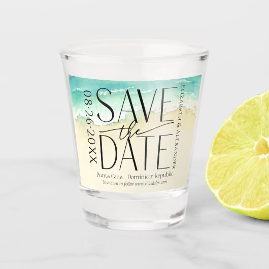 Tropische strand kalligrafie bruiloft Save the Dat Shot Glas (Voorkant)