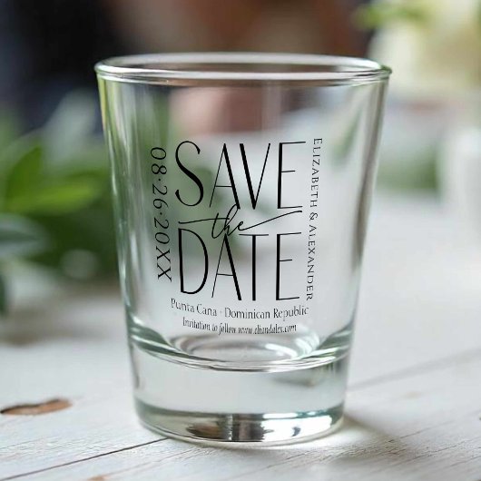 Tropische strand kalligrafie bruiloft Save the Dat Shot Glas