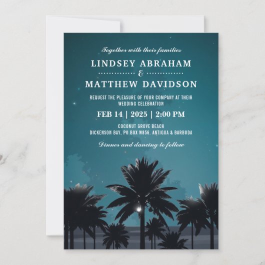 Tropische Strand Nacht Palm Tree Lights Wedding Kaart (Voorkant)