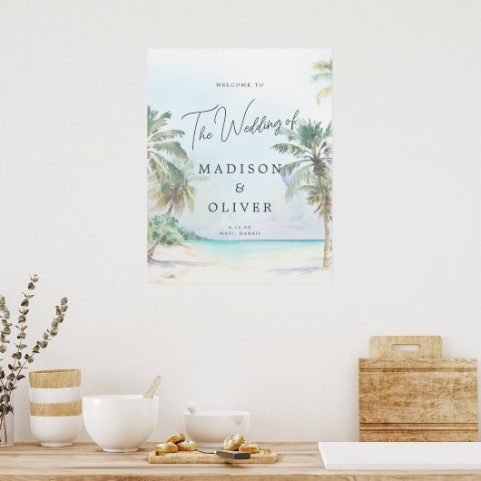 Tropische Strand Palm Bomen Bruiloft Welkomstbord Poster (Keuken)