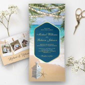Tropische Strand Palm String Lights Lantaarn Weddi Drieluik Uitnodiging