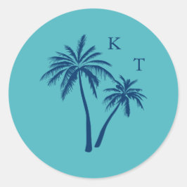Tropische Strand Palm Tree Bruiloft Monogram Ronde Sticker