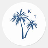 Tropische Strand Palm Tree Bruiloft Monogram Ronde Sticker (Voorkant)