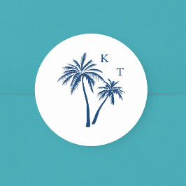 Tropische Strand Palm Tree Bruiloft Monogram Ronde Sticker
