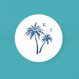Tropische Strand Palm Tree Bruiloft Monogram Ronde Sticker