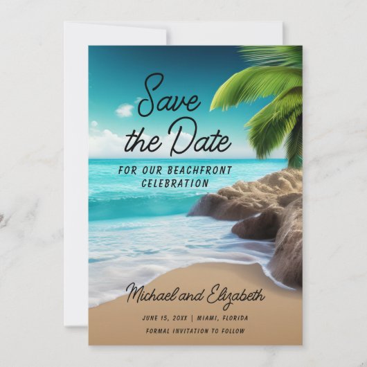 Tropische Strand Palm Tree Foto Bruiloft Save The Date (Voorkant)