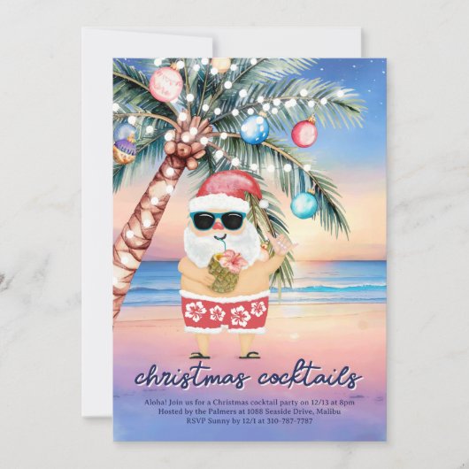 Tropische Strand Palm Tree Santa Christmas Cocktai Kaart (Voorkant)
