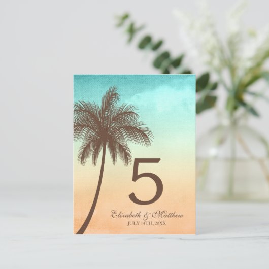 Tropische Strand Palm Tree Trouwtafel Nummer Briefkaart (Staand voorkant)