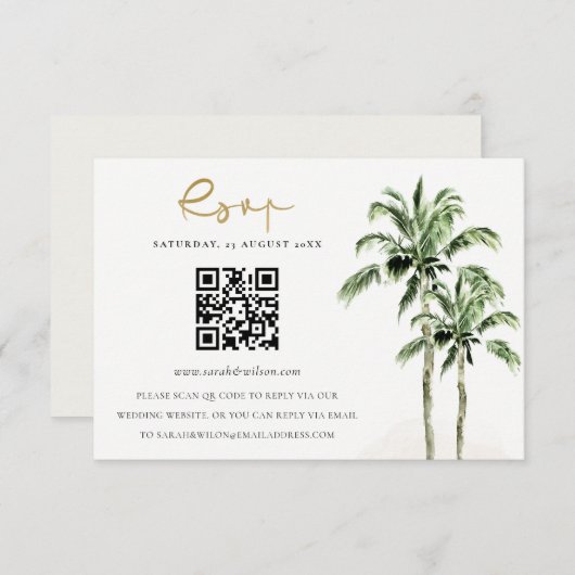 Tropische Strand Palm Trees Wedding QR Code RSVP Informatiekaartje (Voorkant / Achterkant)