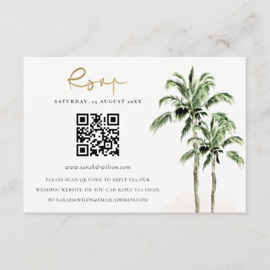 Tropische Strand Palm Trees Wedding QR Code RSVP Informatiekaartje (Voorkant)