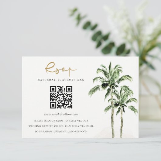 Tropische Strand Palm Trees Wedding QR Code RSVP Informatiekaartje (Staand voorkant)