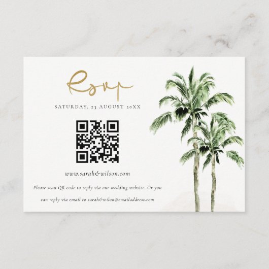 Tropische Strand Palm Trees Wedding QR Code RSVP Informatiekaartje (Voorkant)