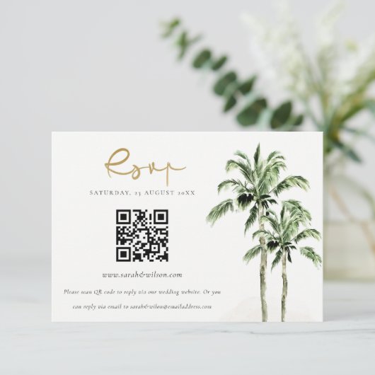 Tropische Strand Palm Trees Wedding QR Code RSVP Informatiekaartje (Staand voorkant)