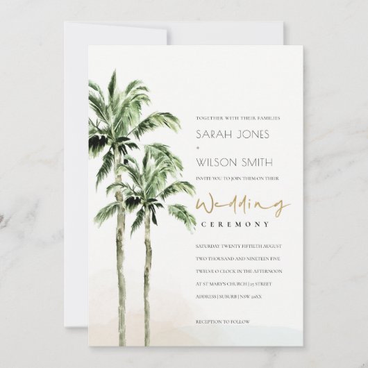 Tropische Strand Palm Trees Wedding QR Code RSVP Kaart (Voorkant)