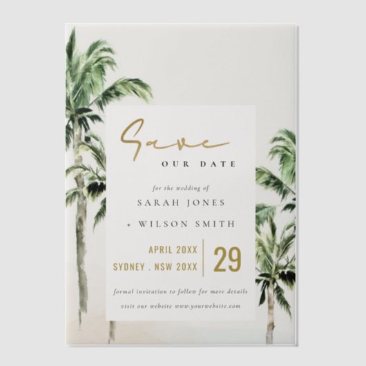 Tropische Strand Palm Trees Wedding Save The Date Vellum Uitnodigingen (Voorkant)