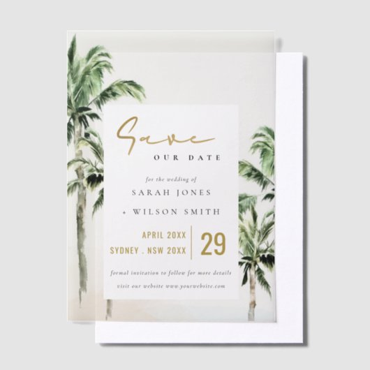 Tropische Strand Palm Trees Wedding Save The Date Vellum Uitnodigingen (Offset)