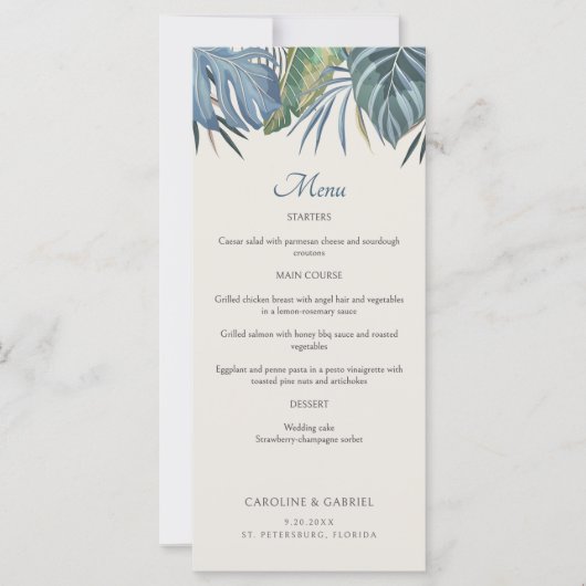 Tropische Strand Palm Wedding Menu (Voorkant)