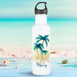 Tropische strand palmbomen en goudzand waterfles<br><div class="desc">Blijf koel en blijf gehydrateerd in stijl met deze roestvrijstalen waterfles met waterverf palmbomen en sprankelend goudzand. Perfect voor een dag op het strand,  vakantie,  reizen,  sport,  sportschool en werk. Origineel kunstwerk KL Stock.</div>