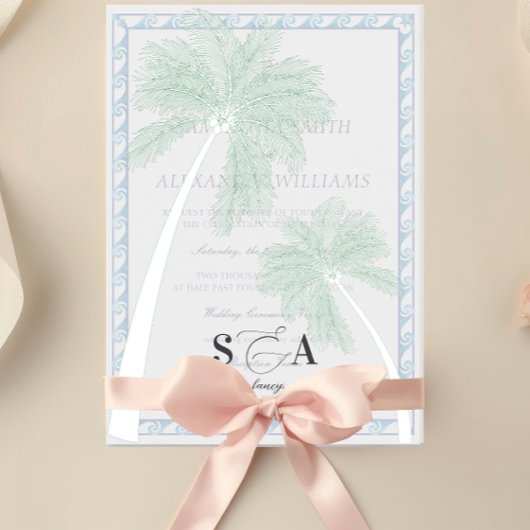 Tropische strand palmbomen minimalistisch vellum uitnodigingen