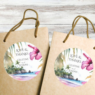 Tropische strand palmen bruiloft dank u gunst ronde sticker