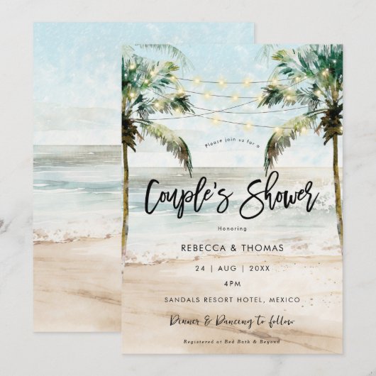 tropische strand palmen koppels douche uitnodiging (Voorkant / Achterkant)