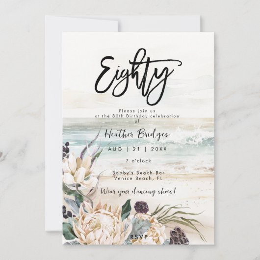 Tropische strand protea 80e verjaardag party invit kaart (Voorkant)