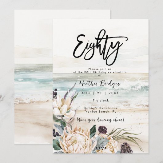 Tropische strand protea 80e verjaardag party invit kaart (Voorkant / Achterkant)