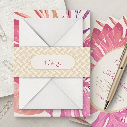 Tropische strand roze bruiloft uitnodigingen wikkel