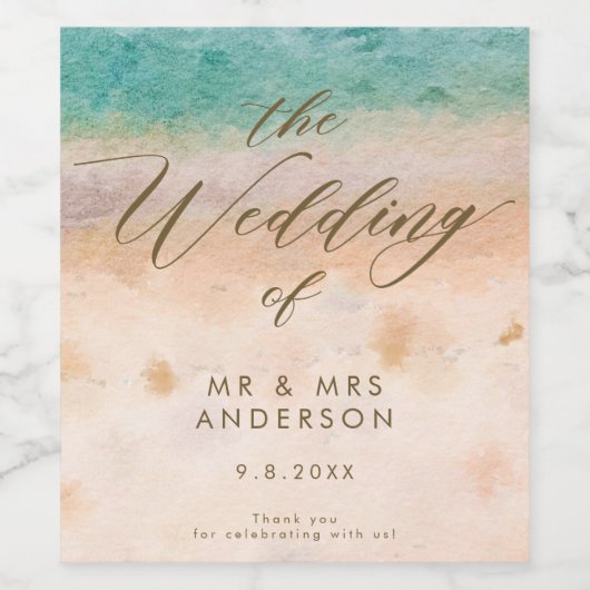 tropische strand scène bruiloft partij fles wijn etiket (Enkel label)