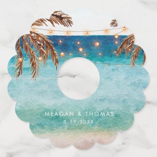 Tropische strand scene palmbomen wijnglaslabel (Voorkant)