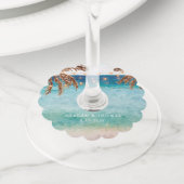 Tropische strand scene palmbomen wijnglaslabel (Dichtbij)