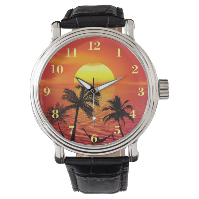 Tropische strand Scene Sunset Palm Trees Horloge (Voorkant)