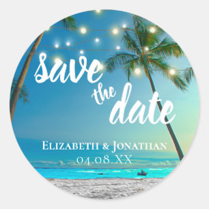 Tropische strand slingerlichten palmbomen save the ronde sticker