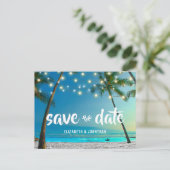 Tropische strand slingerlichtjes palmboom modern aankondigingskaart (Staand voorkant)