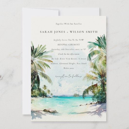 Tropische strand Waterverf Palm Trees Vow Renewal Kaart (Voorkant)