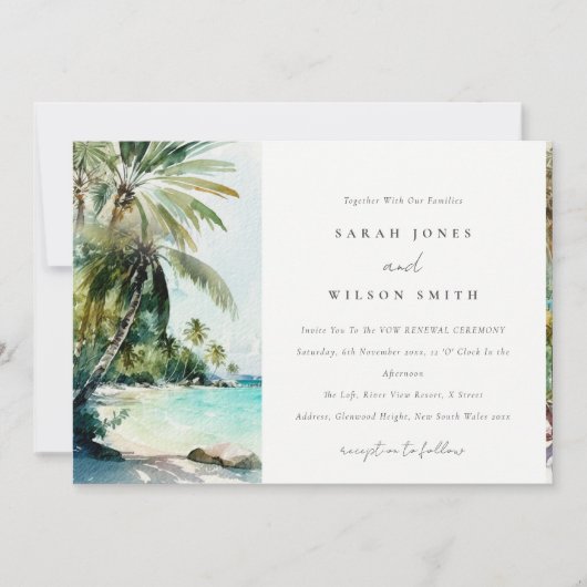 Tropische strand Waterverf Palm Trees Vow Renewal Kaart (Voorkant)