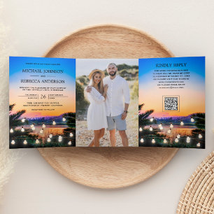 Tropische strand zonsondergang lichten foto QR-cod Drieluik Uitnodiging