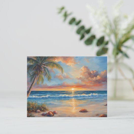 Tropische strand zonsondergang met palmbomen briefkaart (Staand voorkant)