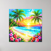 Tropische strand zonsondergang met palmbomen canvas afdruk (Voorkant)