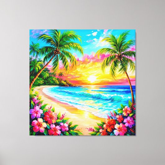 Tropische strand zonsondergang met palmbomen canvas afdruk (Voorkant)