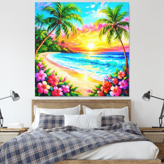Tropische strand zonsondergang met palmbomen canvas afdruk (Insitu (Slaapkamer))