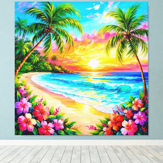 Tropische strand zonsondergang met palmbomen canvas afdruk (Insitu (Houten vloer))