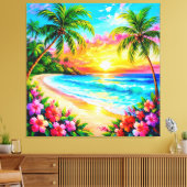 Tropische strand zonsondergang met palmbomen canvas afdruk (Insitu (Woonkamer))