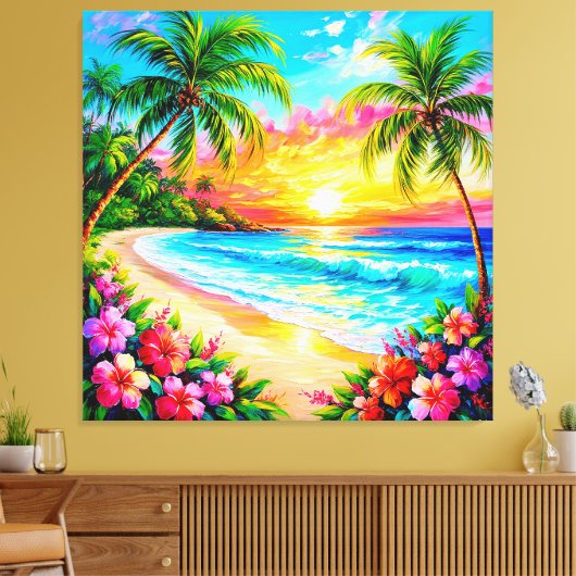 Tropische strand zonsondergang met palmbomen canvas afdruk (Insitu (Woonkamer))