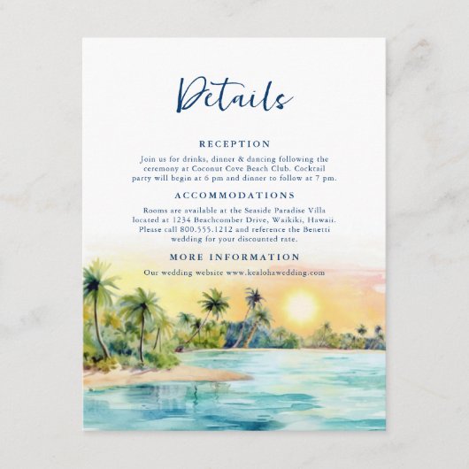 Tropische Strand Zonsondergang & Palm Tree Bruilof Informatiekaartje (Voorkant)