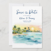 Tropische Strand Zonsondergang & Palmboom Bruiloft Save The Date (Voorkant)
