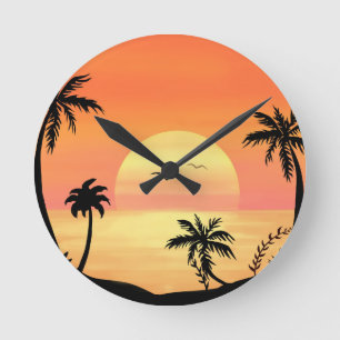 Tropische strand zonsondergang palmboom silhouet k ronde klok