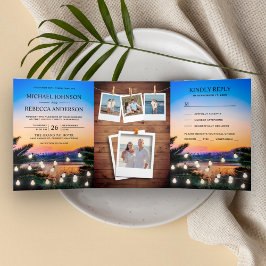 Tropische strand zonsondergang string lichten foto drieluik uitnodiging
