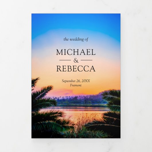 Tropische Strand Zonsondergang String Lights Foto  Drieluik Uitnodiging (Cover)